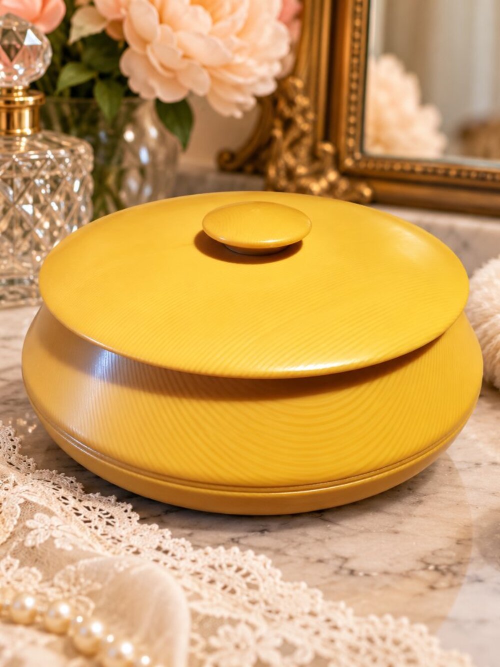 Vintage Circa 1930s-40s Yellow Molded Plastic Vanity Retro Powder Jar